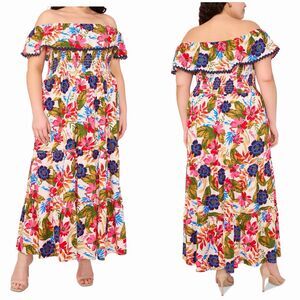 MSK Womens Plus Size Floral Off-the-Shoulder Smocked Maxi Dress New Pink 3X